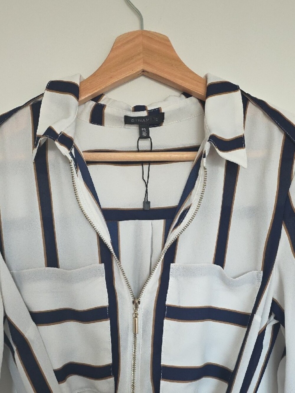 Striped White Tunic Long Shirt with Navy and Gold Accent - Picture 2 of 7